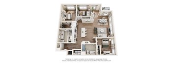 A 3D floor plan of a house with a kitchen, living room, and bedrooms.