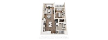A 3D floor plan of a small apartment with a kitchen, living room, and bathroom.