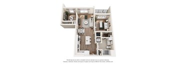A 3D floor plan of a small apartment with a kitchen, living room, and bathroom.