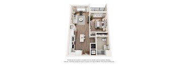 A 3D floor plan of a small apartment with a kitchen, living room, and bathroom.