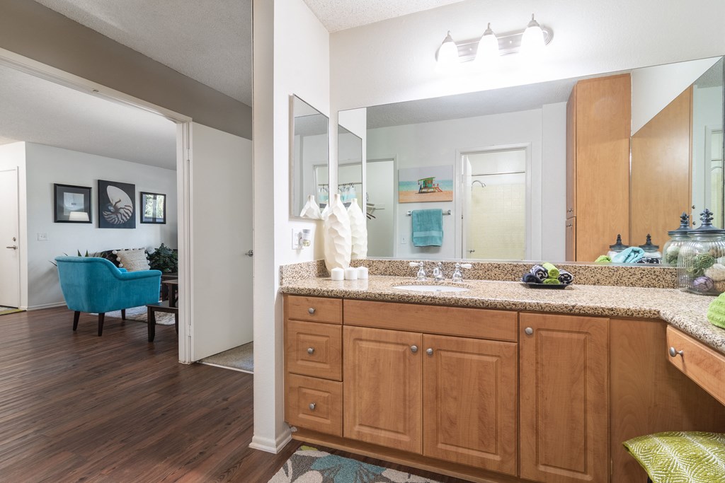 a bathroom with a sink and a mirror and a living room