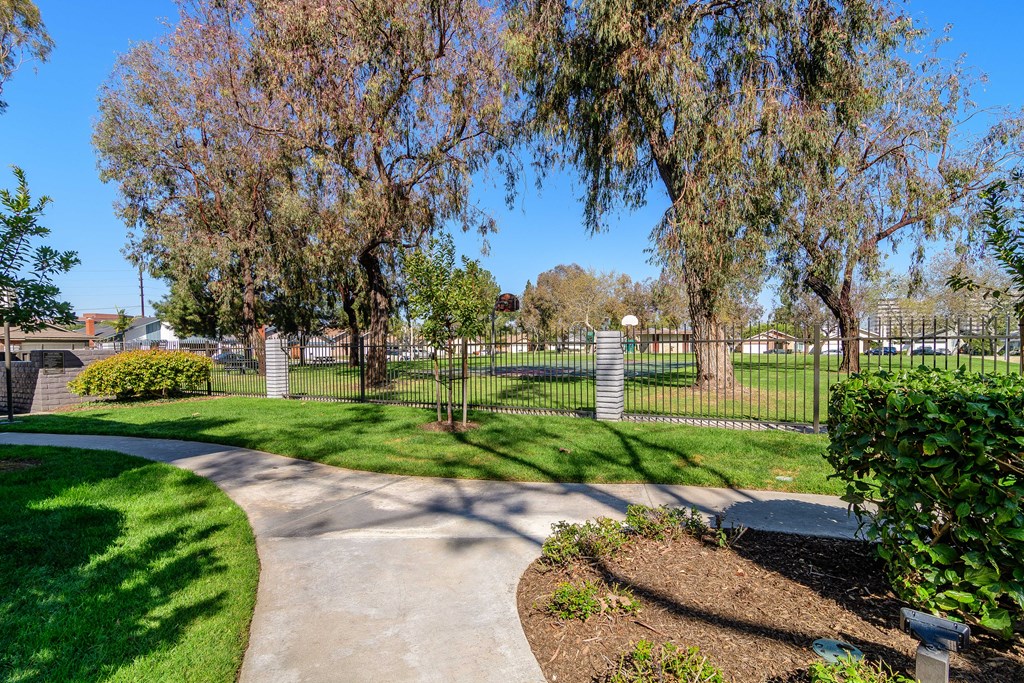 A park with a walking path and green grass.