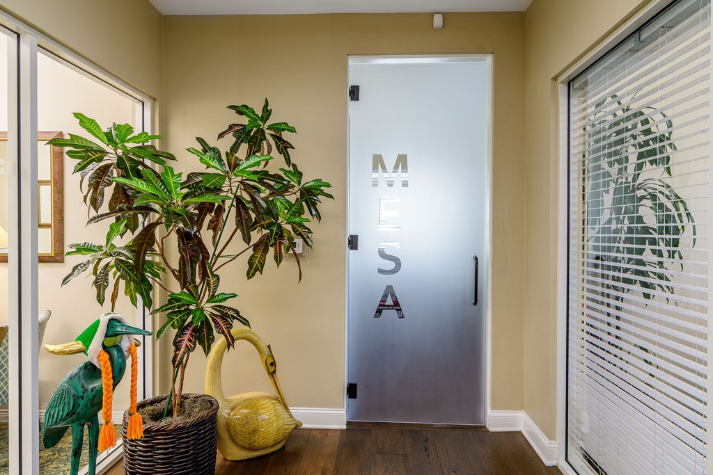 A room with a plant, a vase, and a door with the letters M, E, S, A on it.