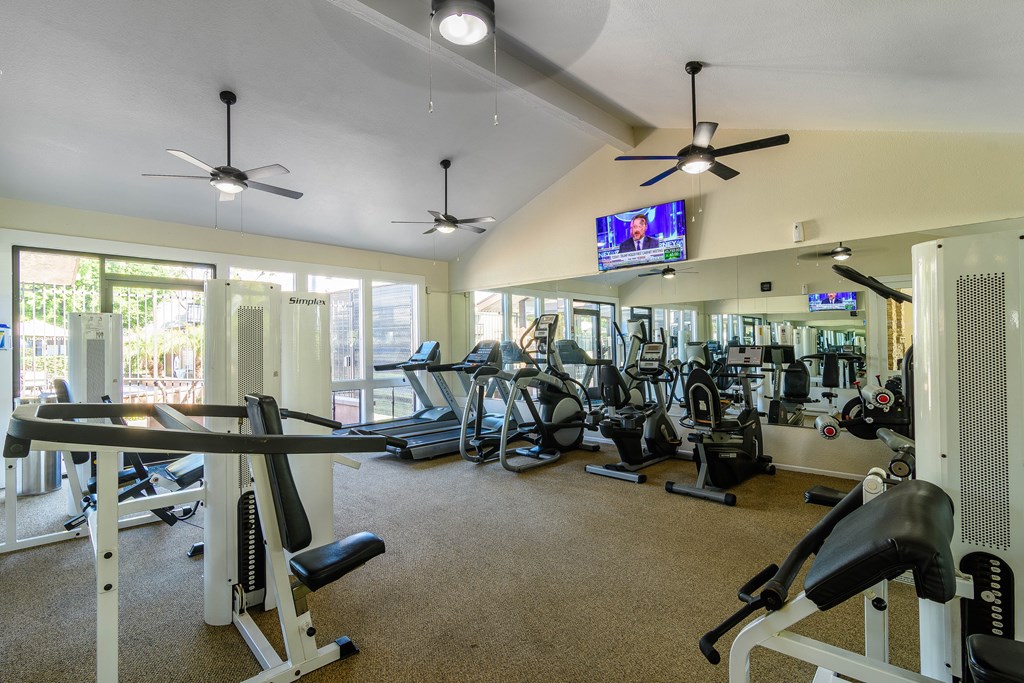 A gym with a variety of equipment including treadmills, stationary bikes, and weight machines.