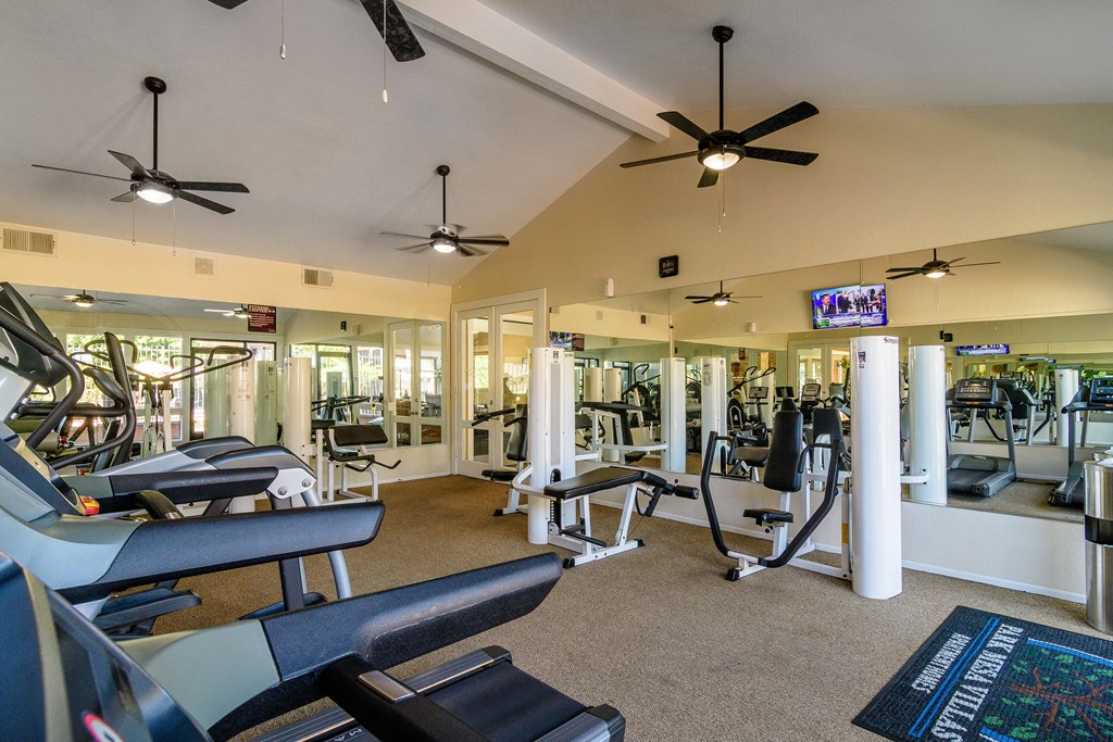 A gym with treadmills, weights, and exercise equipment.