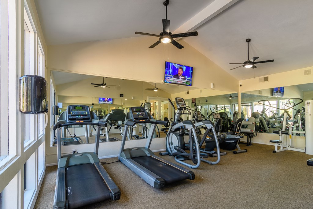 A gym with treadmills, exercise bikes, and other equipment.