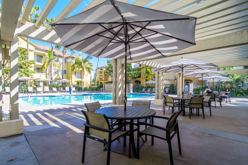 A patio with a table and chairs under an umbrella.