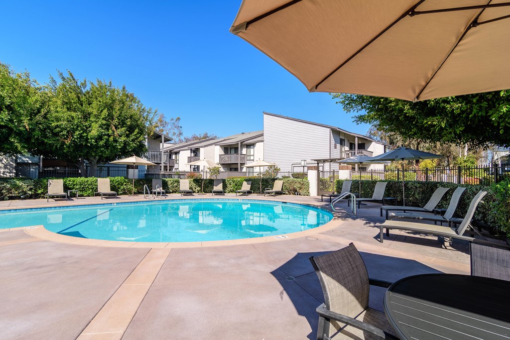 A swimming pool surrounded by lounge chairs and umbrellas.