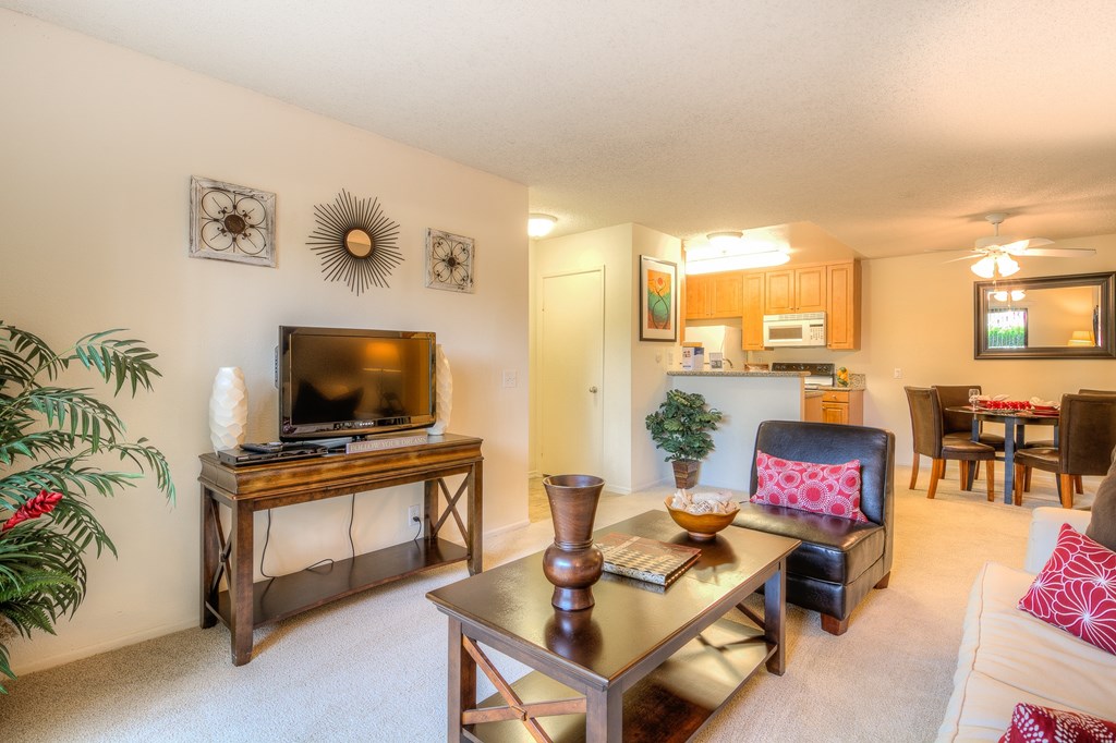 A living room with a television, a couch, and a potted plant.