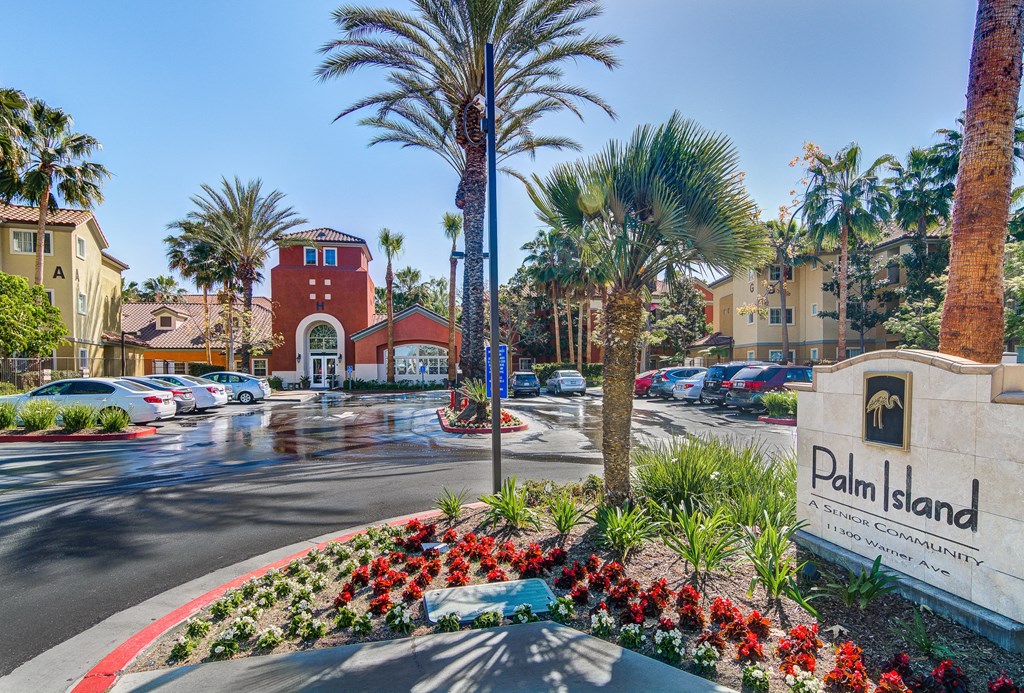 a parking lot with palm trees and flowers in front of a building