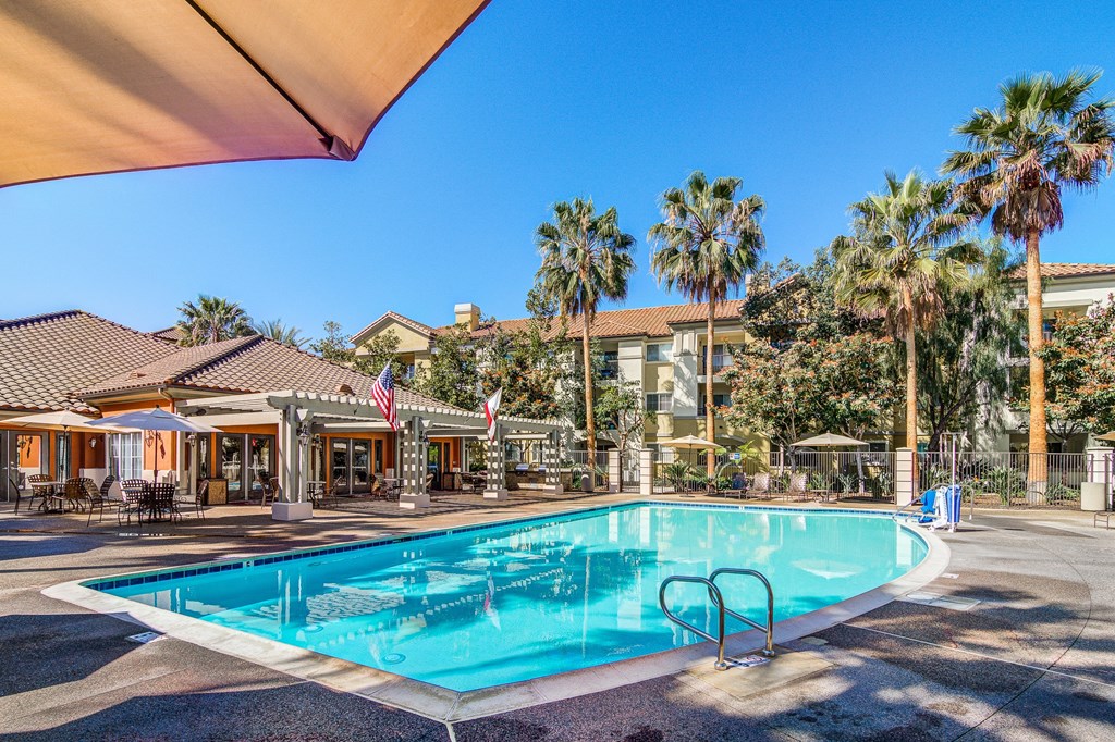 a swimming pool with palm trees and buildings in the background