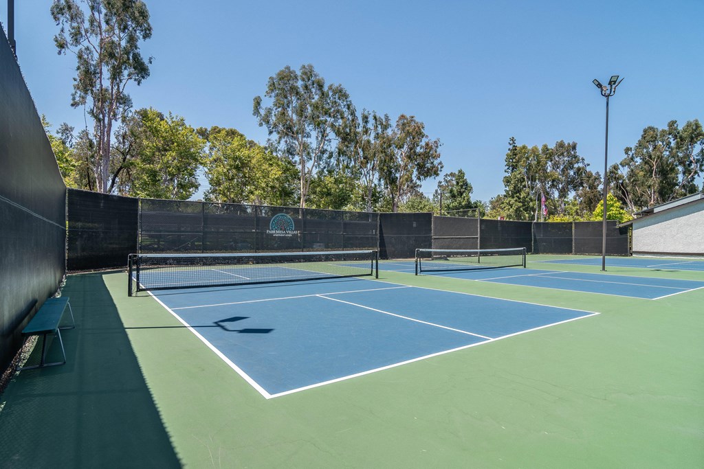 two tennis courts on a blue and green court with trees in the background
