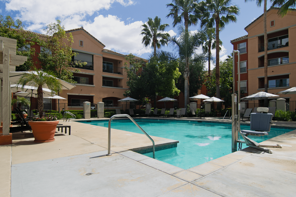 A swimming pool surrounded by palm trees and chairs.