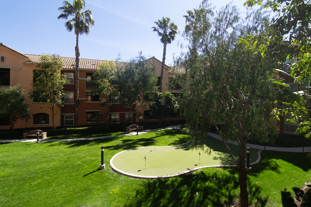 A green lawn with a putting green in the middle of it.