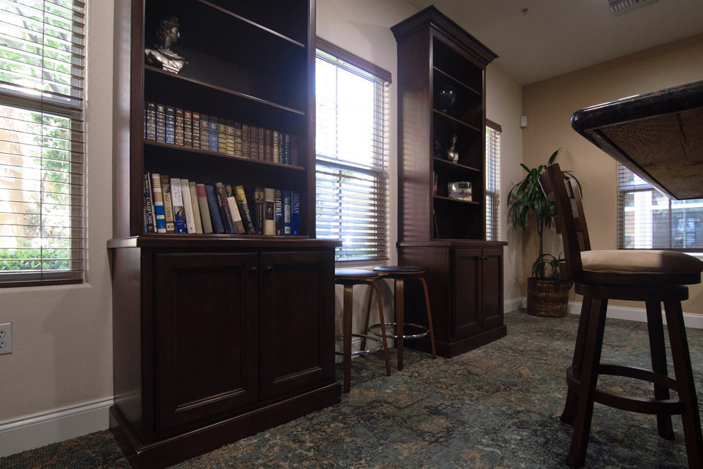 A room with a bookcase, a bar stool, and a potted plant.