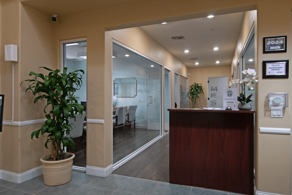 A reception area with a wooden desk and a potted plant.