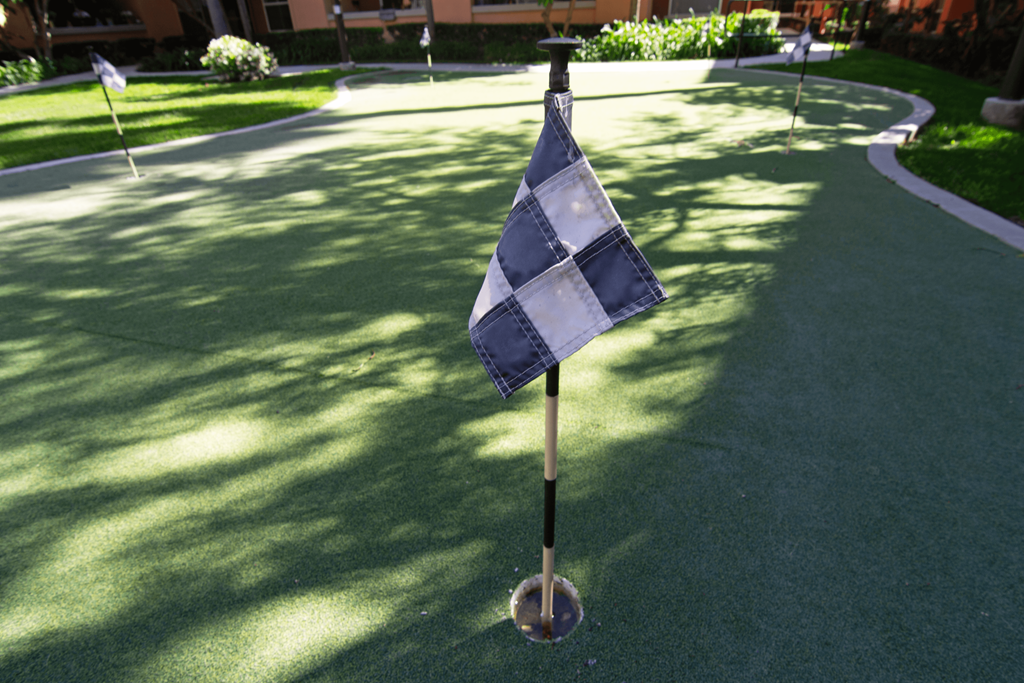 A blue and white checkered flag on a pole in the middle of a green lawn.