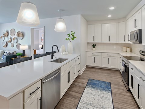 A modern kitchen with white cabinets and a blue rug on the floor.