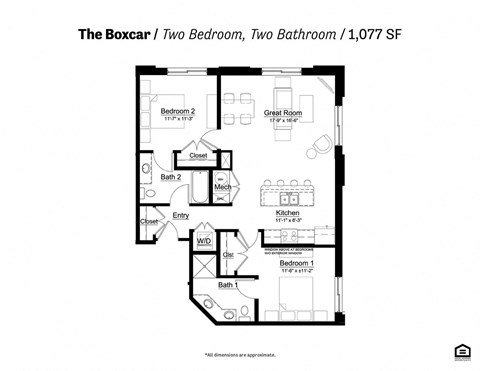 The Boxcar Floor Plan two bedroom, two bathroom