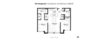 the floor plan of two bedroom, two bathroom, 1,009 sqft
