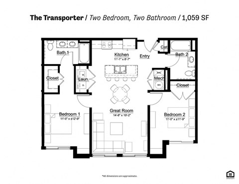 the floor plan of two bedroom, two bathroom, 1,009 sqft