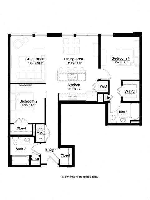 2 bed 2 bath The Caboose Floor Plan at Metro Crossing Apartments, Owings Mills, Maryland