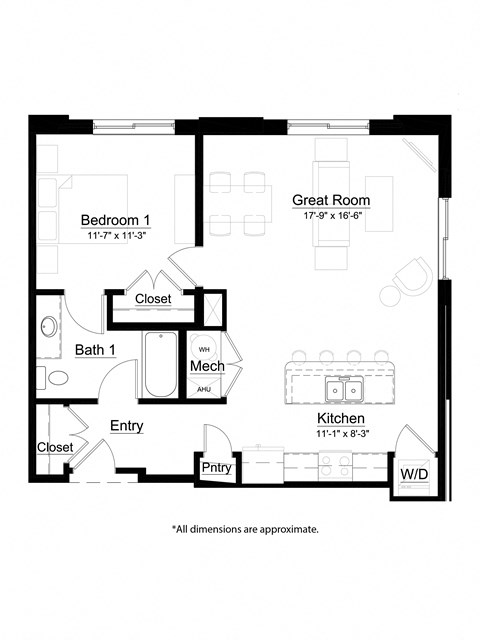 1 bed 1 bath The Commuter Floor Plan at Metro Crossing Apartments, Owings Mills, 21117