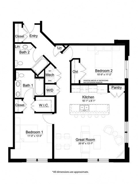 2 bed 2 bath The Stowaway Floor Plan at Metro Crossing Apartments, Owings Mills