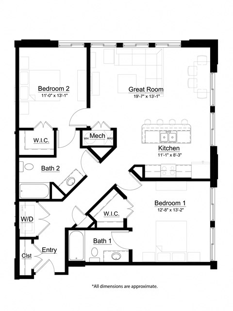 2 bed 2 bath The Stringer Floor Plan at Metro Crossing Apartments, Owings Mills, Maryland