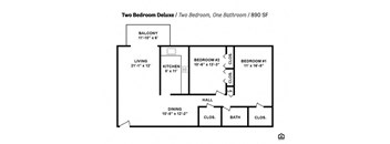 the floor plan for two bedroom with one bathroom