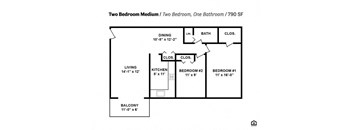 the schematic diagram of the two bedroom bathroom floor plan with two bedrooms and one bathroom