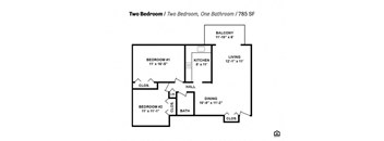 a floor plan with two bedrooms and one bathroom