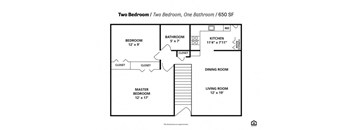 a floor plan with two bedrooms and one bathroom and a living room