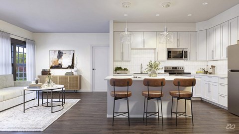 a kitchen with white cabinets and a bar with stools