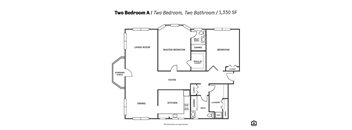 A floor plan of a two bedroom apartment with a living room, dining room, kitchen, and bathroom.