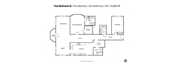 A floor plan of a two bedroom, two bathroom apartment with den.