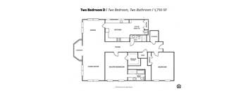 A floor plan of a two bedroom, two bathroom apartment with a living room and a kitchen.