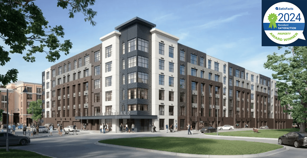 Willard Building Rendering with  Resident Satisfaction Award Logo Banner
