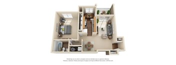 A 3D floor plan of a house with a kitchen, living room, and two bedrooms.