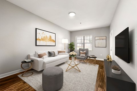 A modern living room at Crogman School Lofts, Atlanta GA 30315