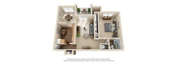 A 3D floor plan of a house with a kitchen, living room, and two bedrooms.