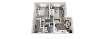 A 3D floor plan of a house with a kitchen, living room, and bathrooms.