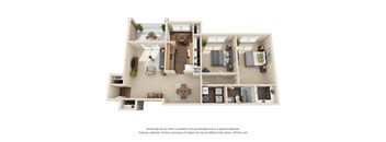 A 3D floor plan of a house with a living room, kitchen, and two bedrooms.