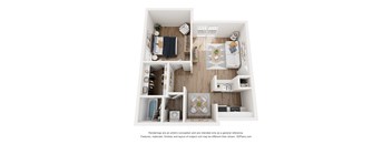 A 3D floor plan of a small apartment with a kitchen, living room, and bathroom.