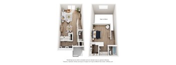 A floor plan of a small apartment with a kitchen, living room, and bathroom.
