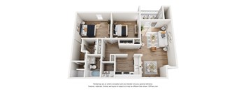 A 3D floor plan of a house with a kitchen, living room, and two bedrooms.