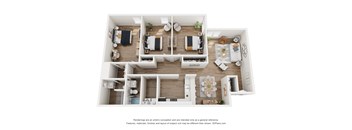 A 3D floor plan of a house with two bedrooms, a living room, a kitchen, and a dining area.
