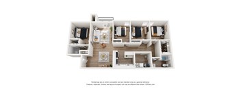 A 3D floor plan of a house with a kitchen, living room, and bedrooms.