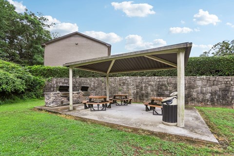 A picnic area with a shelter and tables.