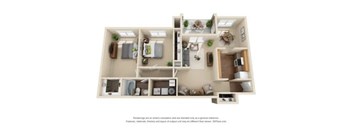 A 3D rendered image of a modern apartment layout.